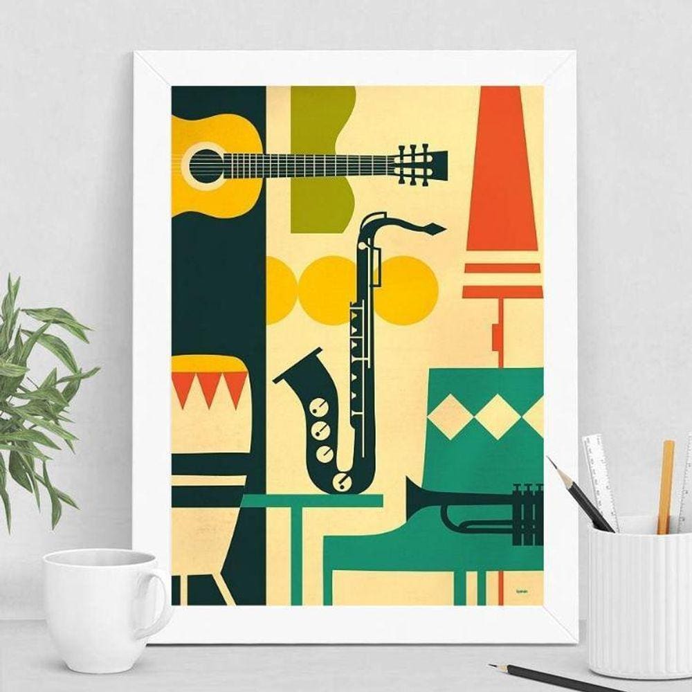 Quadro Estampa Instrumentos Musicais 33x24cm - Moldura Preta