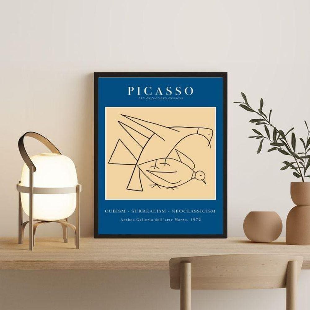 Quadro Picasso Azul Pássaros 45x34cm - Vidro e Moldura Preta