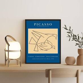 Quadro Picasso Azul Pássaros 45x34cm - Vidro e Moldura Preta