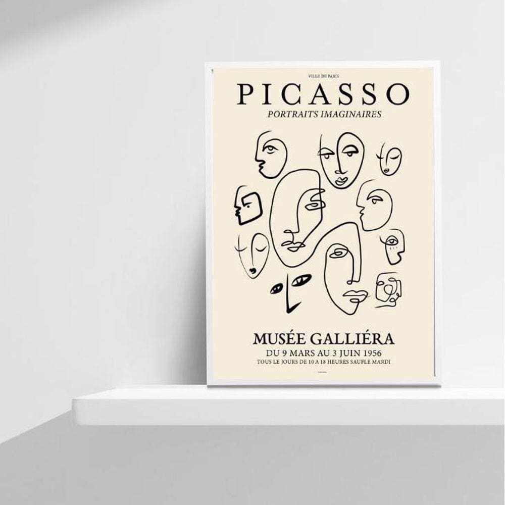 Quadro Desenho Minimalista Faces Picasso 45x34cm - Com Vidro