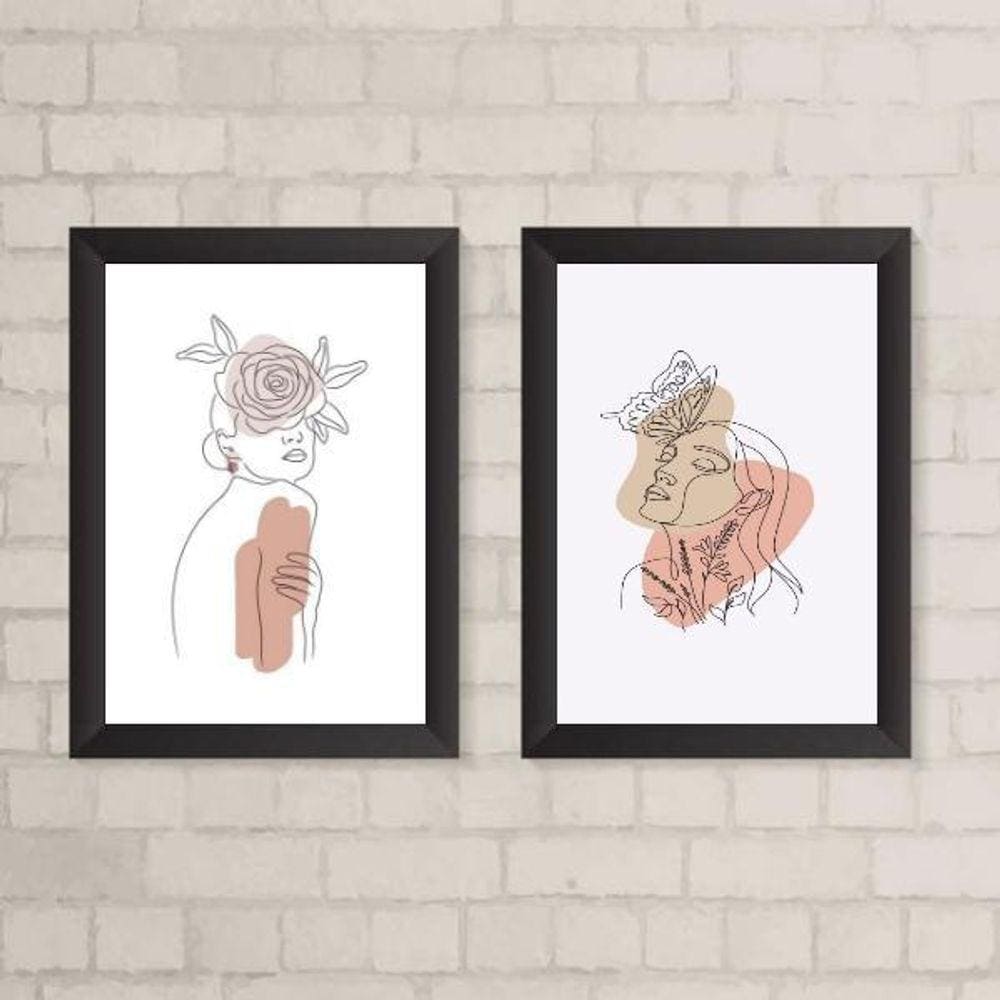 Kit 2 Quadros Mulheres One Line 33x24cm - Madeira Preta