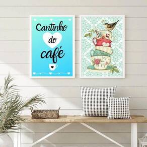 Kit 2 Quadros Café Vintage Passarinho 24x18cm - com Vidro