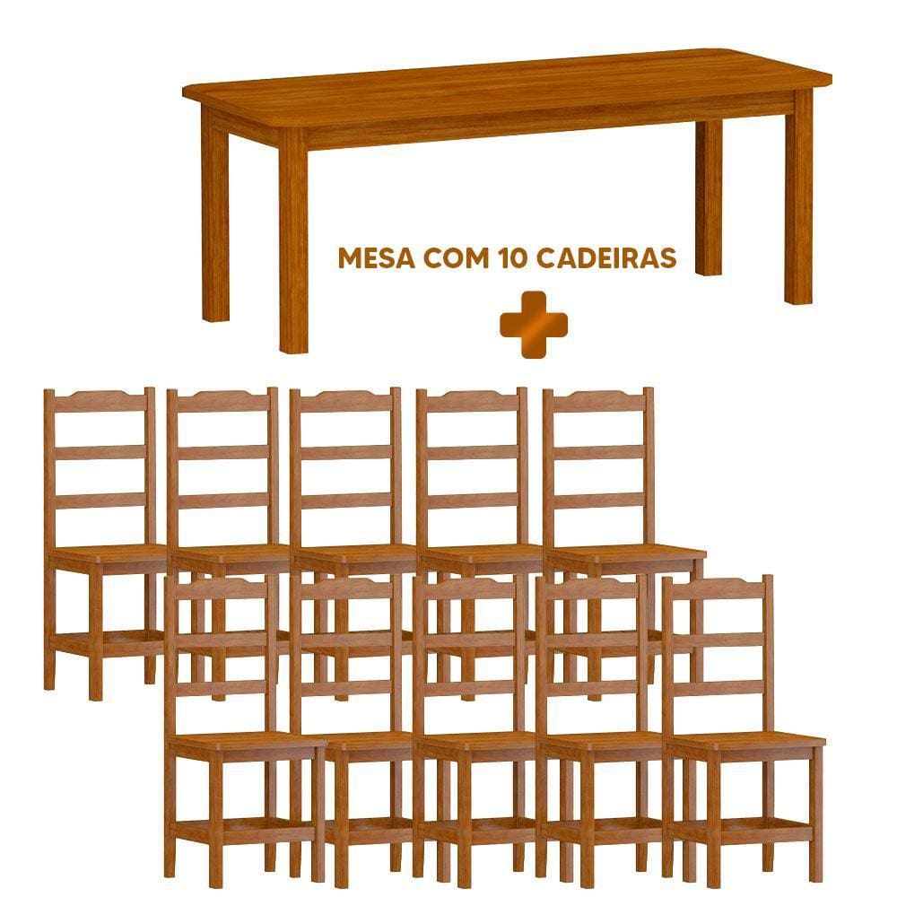 Mesa Retangular Com 10 Cadeiras Madeira Maciça 220 X 88 Marrom Plácida Shop Jm