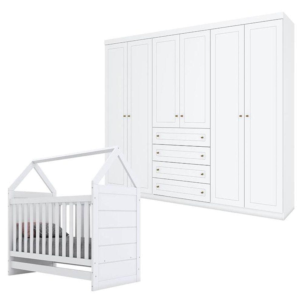 Berço Montessoriano e Guarda Roupa Infantil Mississipi 6 Portas Branco HP - Henn