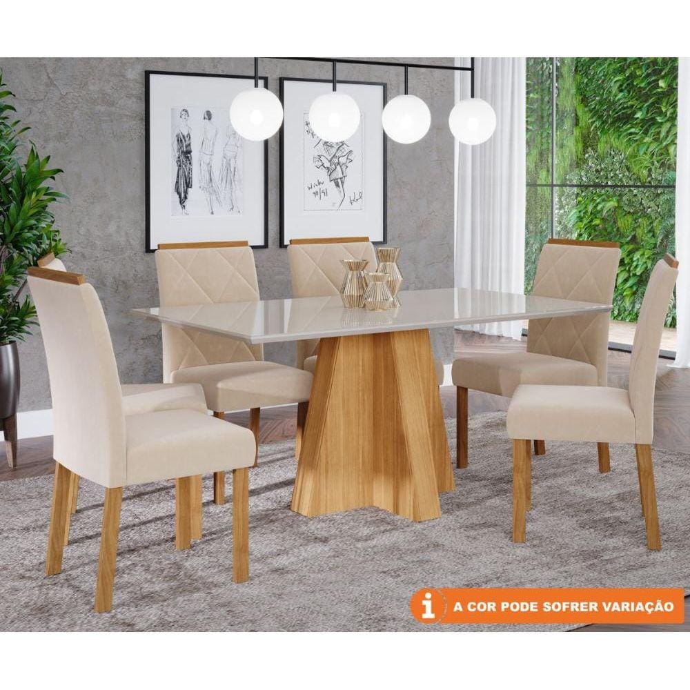 Conjunto Sala De Jantar Patricia 160X80 Tampo MDF/Vidro 6Cadeiras Fernanda Cimol Nature/Off White/Madeira/Nude