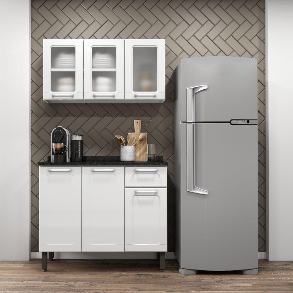 Cozinha completa de Aço com Balcão 3 Portas e Armário Aéreo Triplo Multipla Bertolini Branco