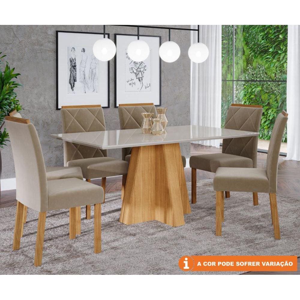 Conjunto Sala De Jantar Patricia 160X80 Tampo MDF/Vidro 6Cadeiras Fernanda Cimol Nature/Off White/Madeira/Joli