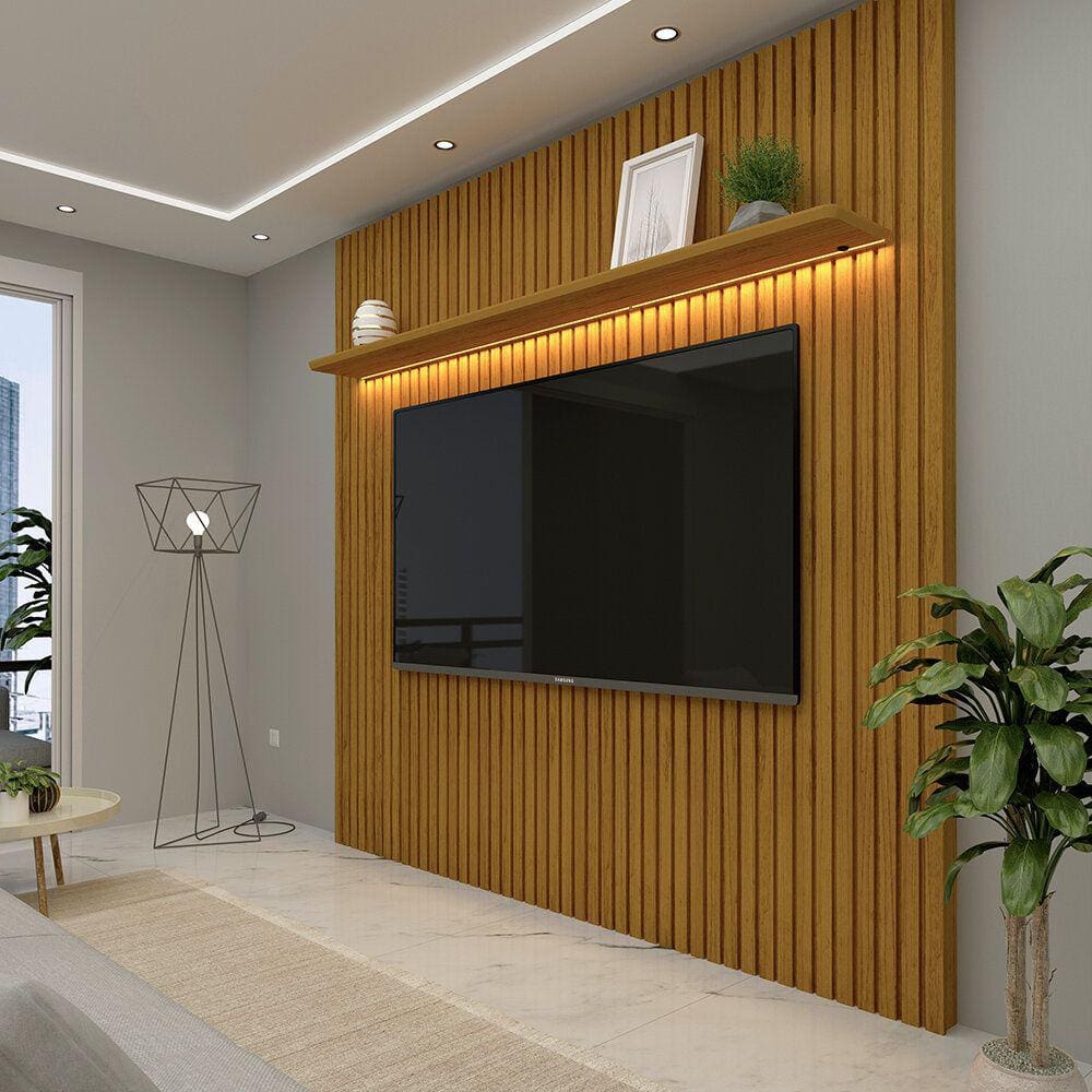 Painel Ripado Para Tv Até 75 Polegadas Com Led Nobre 185 Naturale - Gelius