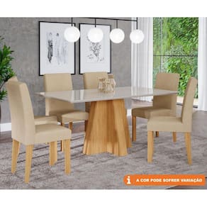 Conjunto Sala De Jantar Patricia 160X80 Tampo MDF/Vidro 6 Cadeiras Maia Cimol Nature/Offwhite/Gengibre