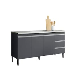 Balcão Cozinha Andréia Pia 150 cm Com Pés 3 Portas 3 Gavetas Cinza - AJL Móveis