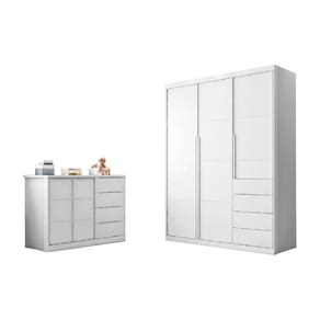 Kit Quarto Infantil Bebê Perola Cômoda 4 Gavetas 2 Portas E Guarda Roupa 3 Portas 4 Gavetas Branco - Phoenix Baby