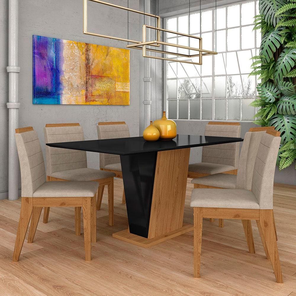 Mesa Com 6 Cadeiras Qatar 1,60 Cin/preto/bege - Móveis Arapongas