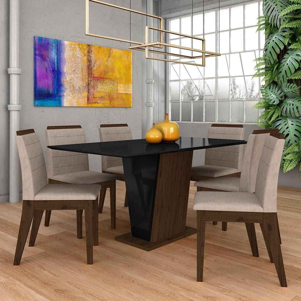 Mesa Com 6 Cadeiras Qatar 1,60 Imb/preto/bege - Móveis Arapongas