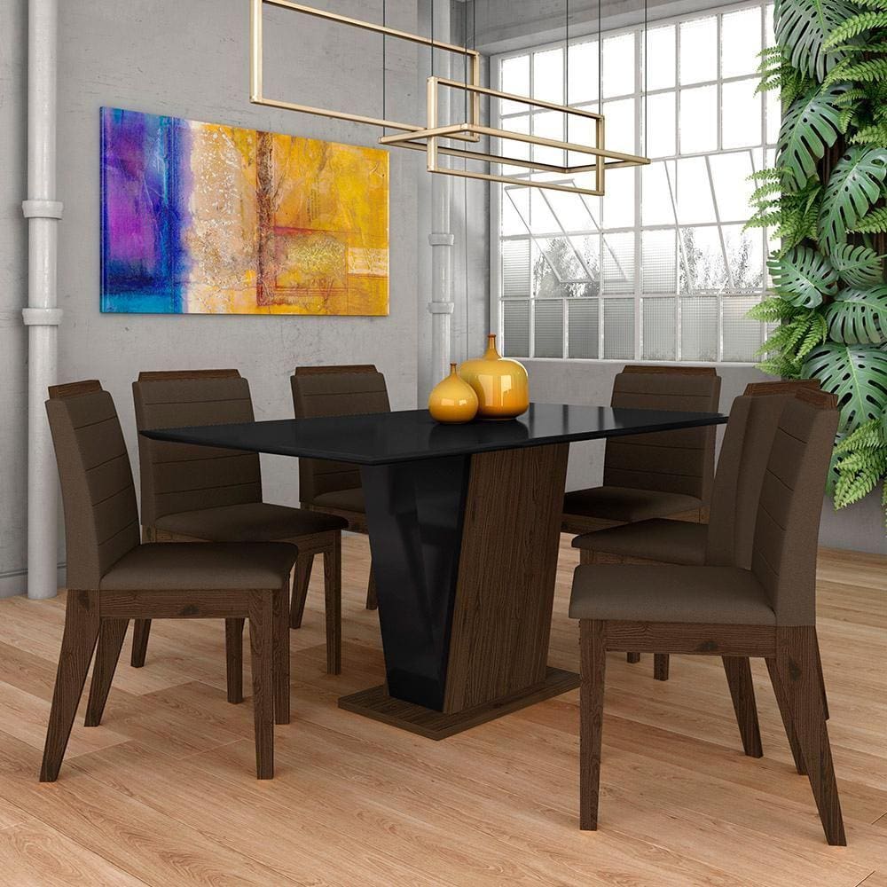Mesa Com 6 Cadeiras Qatar 1,60 Imb/preto/marrom - Móveis Arapongas