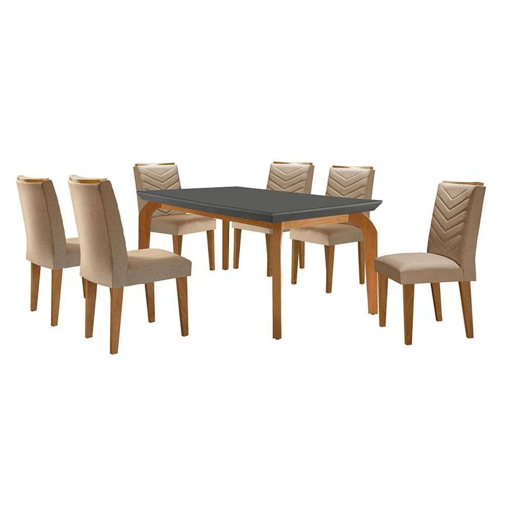 conjunto de mesa de jantar retangular com tampo de vidro grafite e 6 cadeiras turquesa linho bege e imbuia