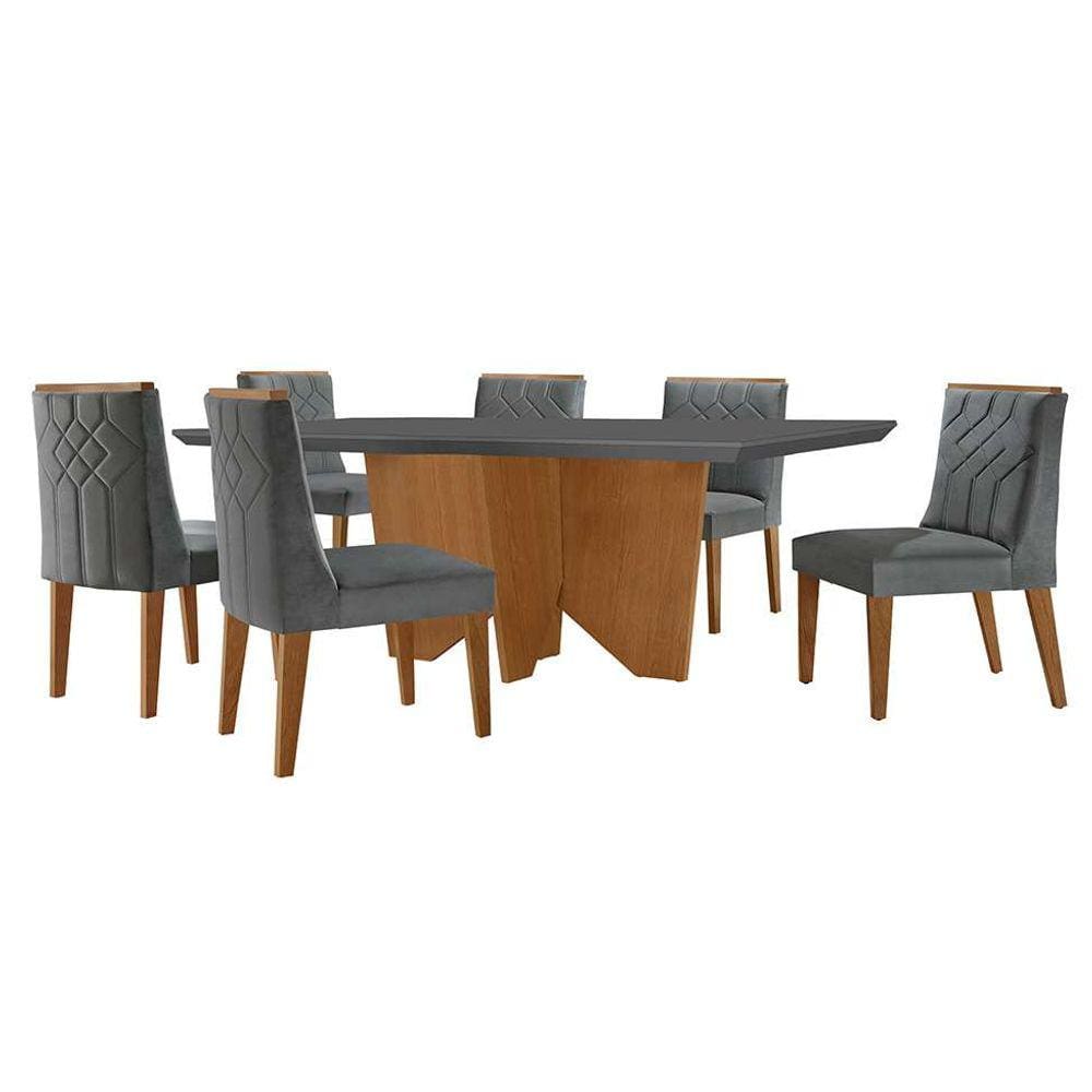 conjunto de mesa de jantar retangular com tampo de vidro e 6 cadeiras varsóvia veludo grafite e imbuia