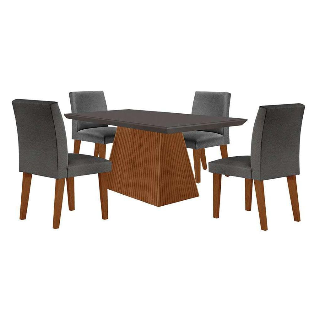 conjunto de mesa de jantar retangular com tampo de vidro luna e 4 cadeiras grécia linho grafite e imbuia