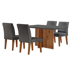 conjunto de mesa de jantar retangular com tampo de vidro berlim e 4 cadeiras bélgica linho grafite e imbuia