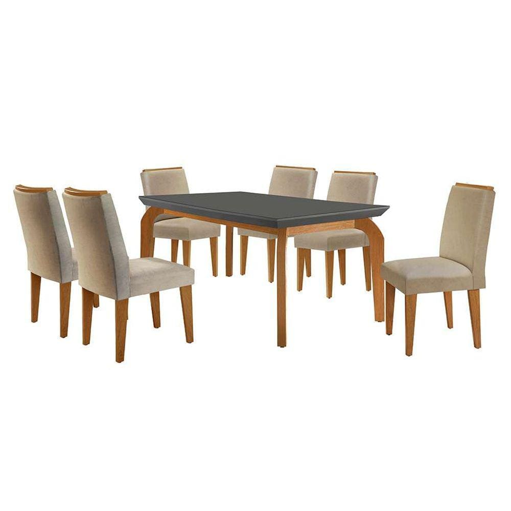 conjunto de mesa de jantar retangular com tampo de vidro grafire turquesa e 6 cadeiras luanda linho bege e imbuia