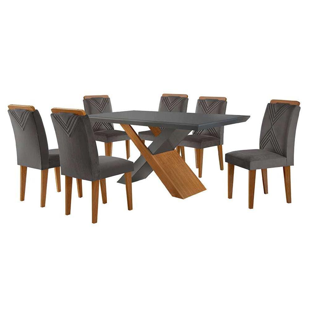 conjunto de mesa de jantar retangular com tampo de vidro genova e 6 cadeiras itália veludo grafite e imbuia