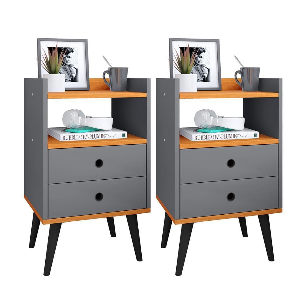 Kit 2 Mesas de Cabeceira Mesinhas Decorativas Quarto Com Nicho e 2 Gavetas Retrô Dream Plus - Cinza/Cinamomo - Lojas RPM