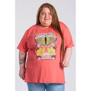 T-shirt Feminina Plus Size Malha Algodão Estampada "PEACE & LOVE" - Serena