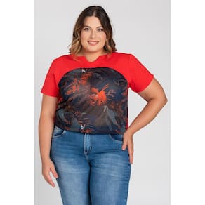 Blusa Feminina Plus Size Visco Detalhe Gola Sublimada Frente Animal - Serena
