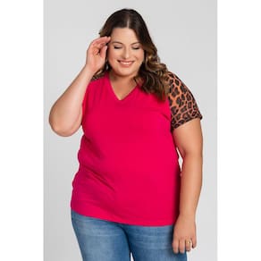 Blusa Feminina Plus Size Visco Decote "V" Mangas Animal Print - Serena