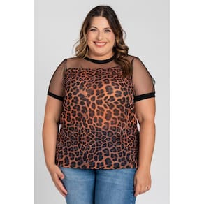Blusa Feminina Plus Size Detalhe Tule Sublimado Animal Print Visco Costas - Serena
