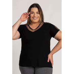 Blusa Feminina Plus Size Visco Tule Decote Mangas - Serena