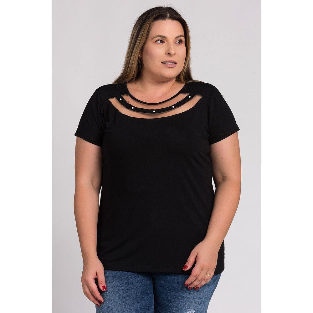 Blusa Feminina Plus Size Transparência Decote Aplique Pérolas - Serena