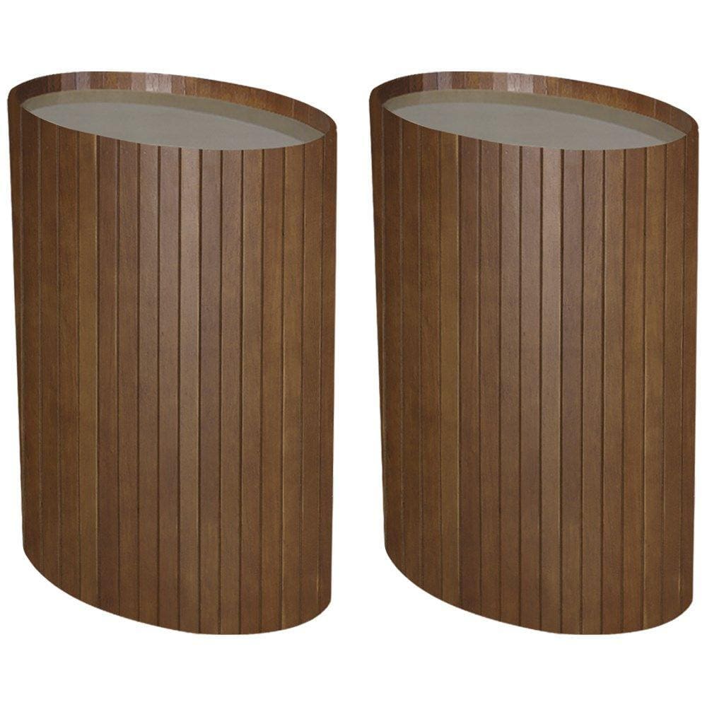 Kit 2 Mesa Apoio Lateral Oval Tampo Vidro Glow Madeira Pinhao Nacc