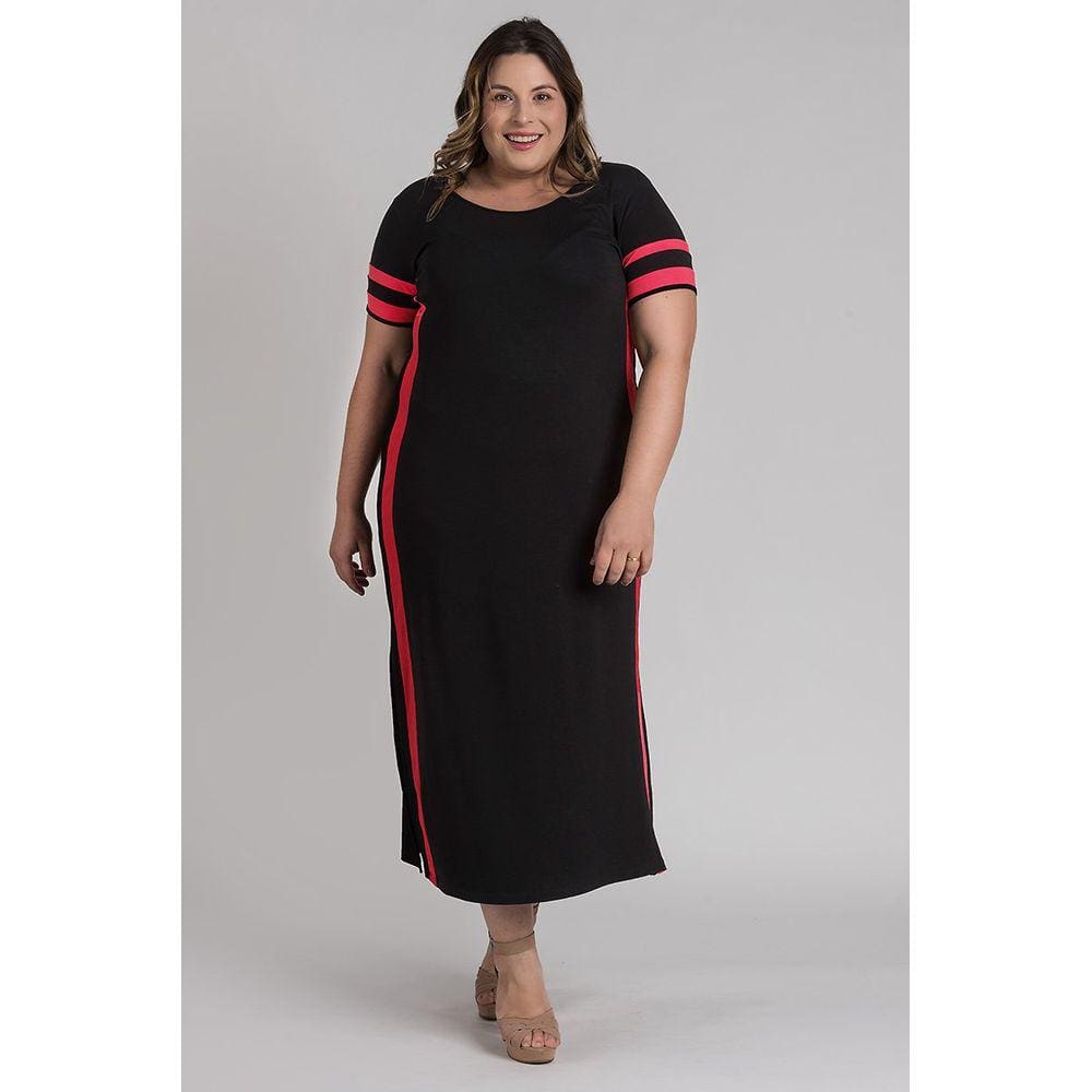 Vestido Feminino Plus Size  Visco Faixas Cor Contrastante - Serena