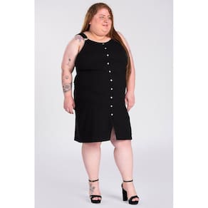 Vestido Feminino Plus Size Canelado Aplique Botões Fivela Alças - Serena