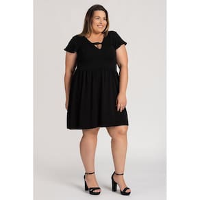 Vestido Plus Size Moletinho Detalhe Decote Mangas Cintura - Serena