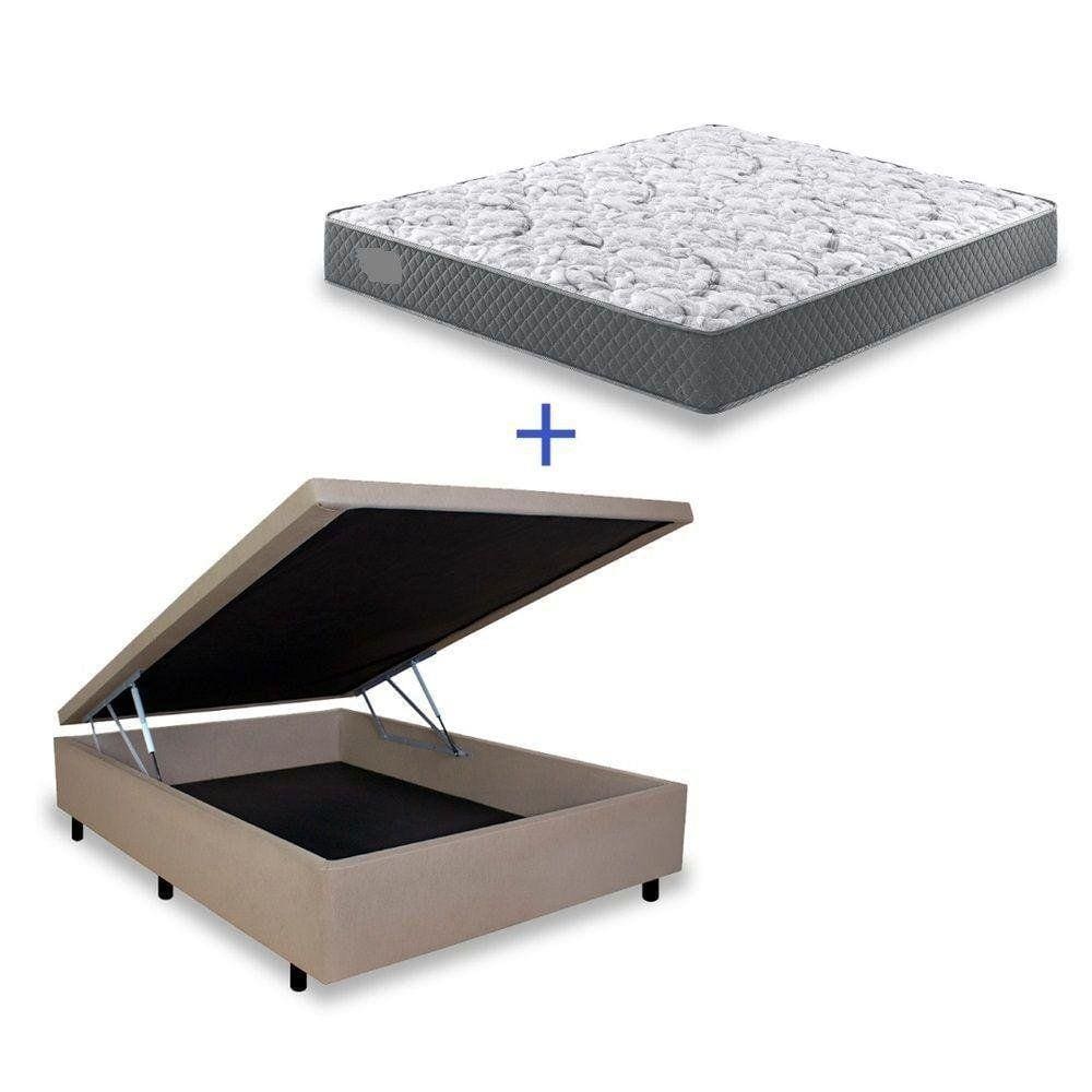 Cama Box Baú Casal Colchão Espuma D33 Bordado + Box Sintético Bege 56x138x188