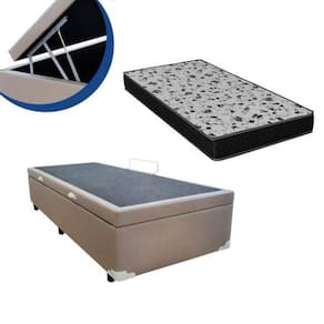 Cama Box Baú Solteiro Colchão Espuma D33 Bordado + Box Suede Bege 53x88x188