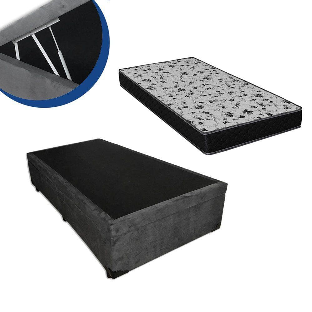 Cama Box Baú Solteiro Colchão Espuma D33 Bordado +Box Cinza Suede 53x88x188