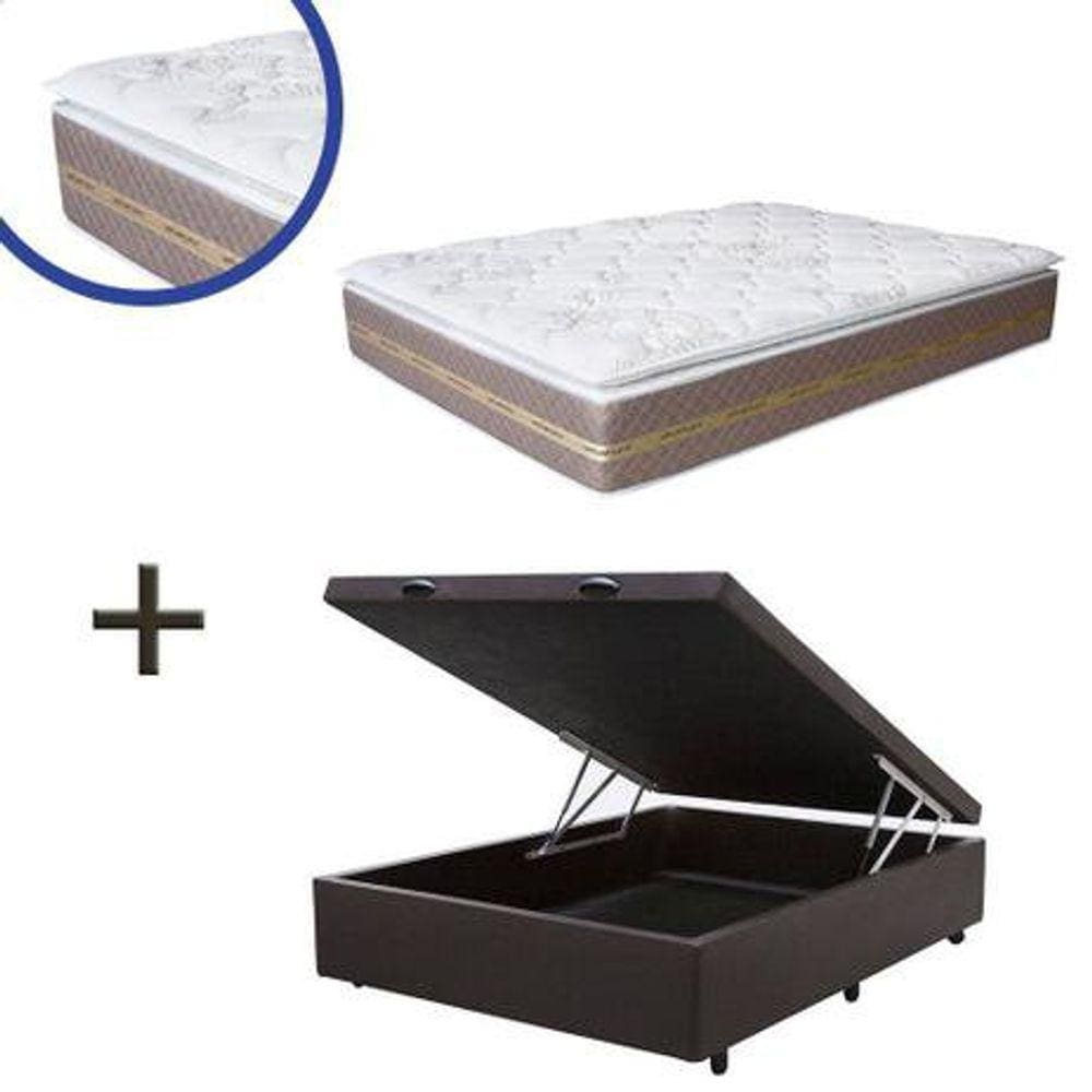 Cama Box Baú Casal Colchão Espuma D45 Bordado + Box Sintético Marrom 63x138x188