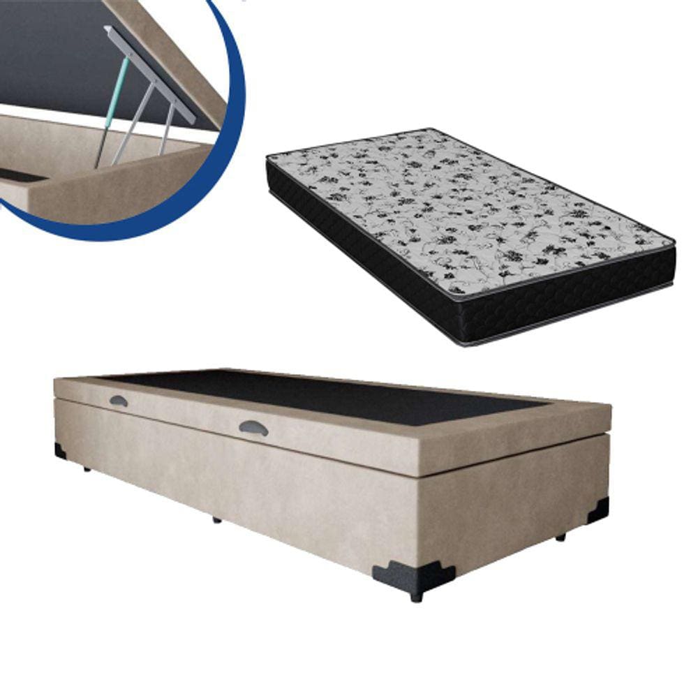 Cama Box Baú Solteiro Colchão Espuma D45 Bordado + Box Suede Bege 61x88x188
