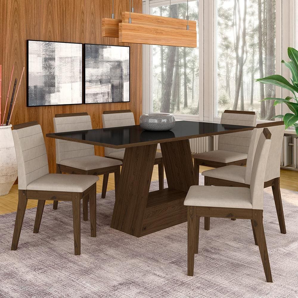 Mesa Com 6 Cadeiras 1,60 Nápoles Imbuia/preto/bege - Móveis Arapongas