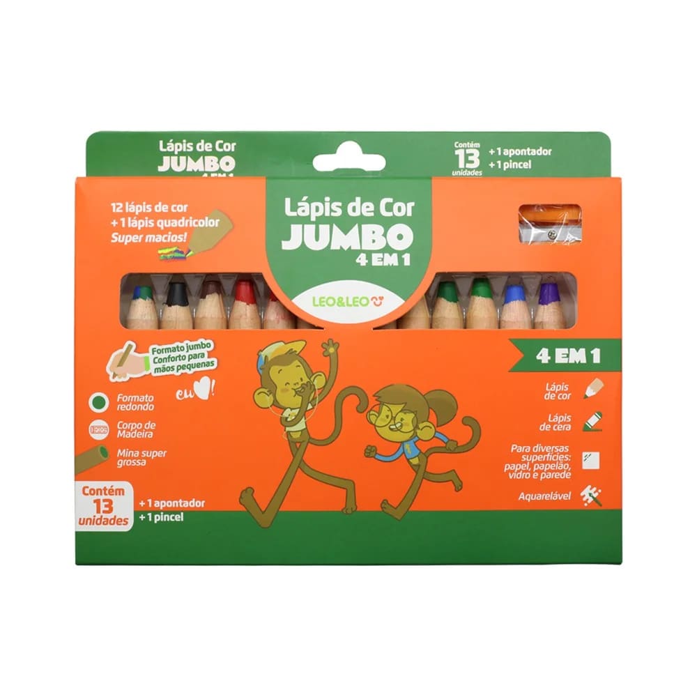 Kit Lápis de Cor Jumbo 4 em 1 com 13 Cores - Leo&Leo