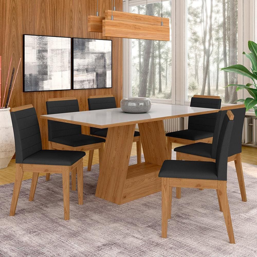 Mesa Com 6 Cadeiras 1,60 Nápoles Cinam/off Wh/preto - Móveis Arapongas