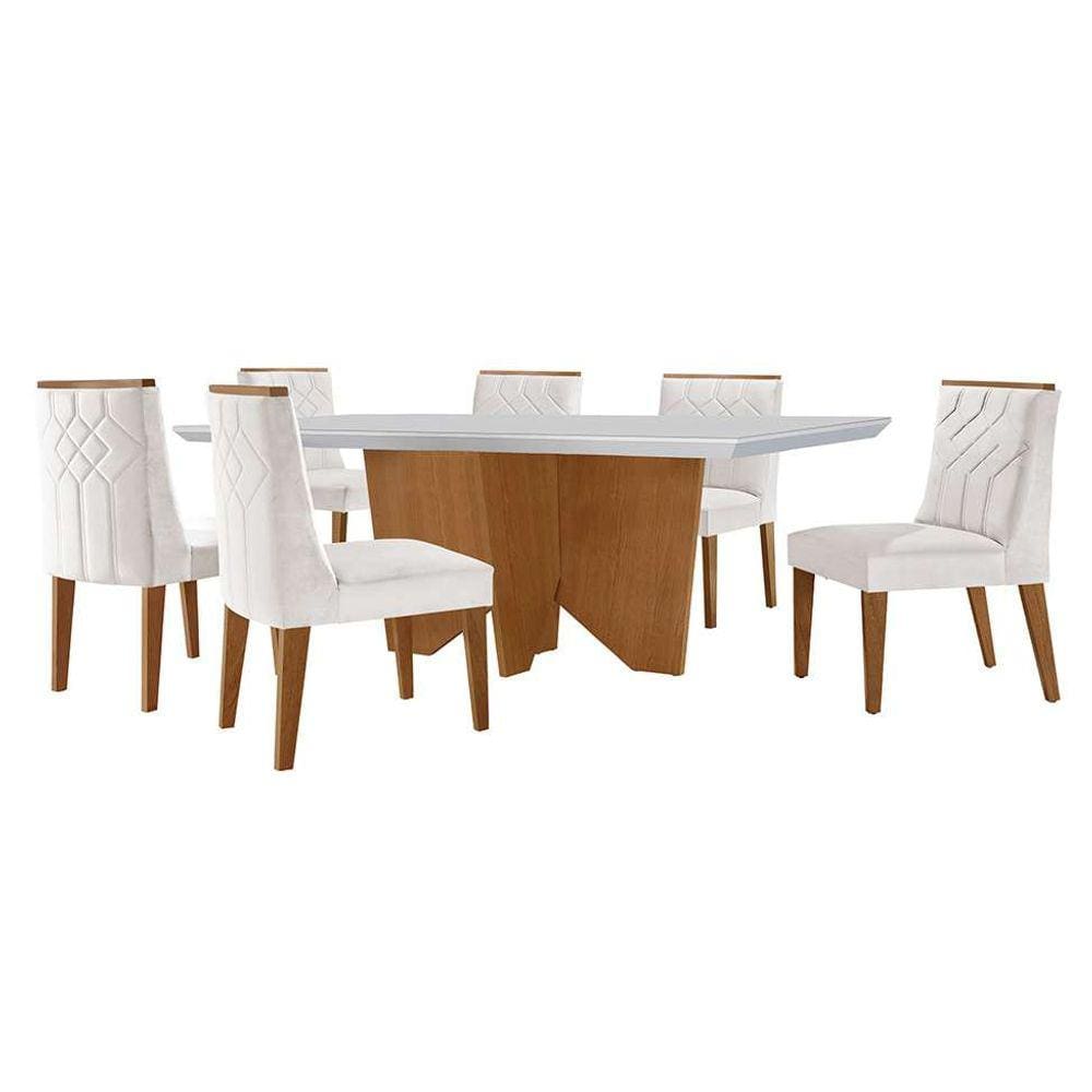conjunto de mesa de jantar retangular com tampo de vidro off white e 6 cadeiras varsóvia veludo pérola e imbuia