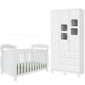 Quarto de Bebê Completo Berço Americano Marquesa 3 Em 1 Guarda Roupa Uli 3 Portas 3 Gavetas Branco Carvalho 100% MDF Móveis Peroba