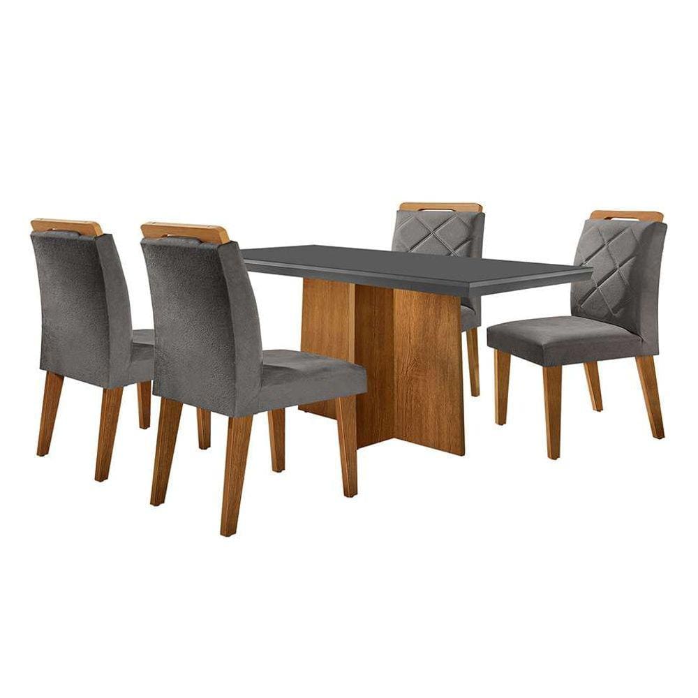 conjunto de mesa de jantar retangular com tampo de vidro ane e 4 cadeiras bélgica veludo grafite e imbuia