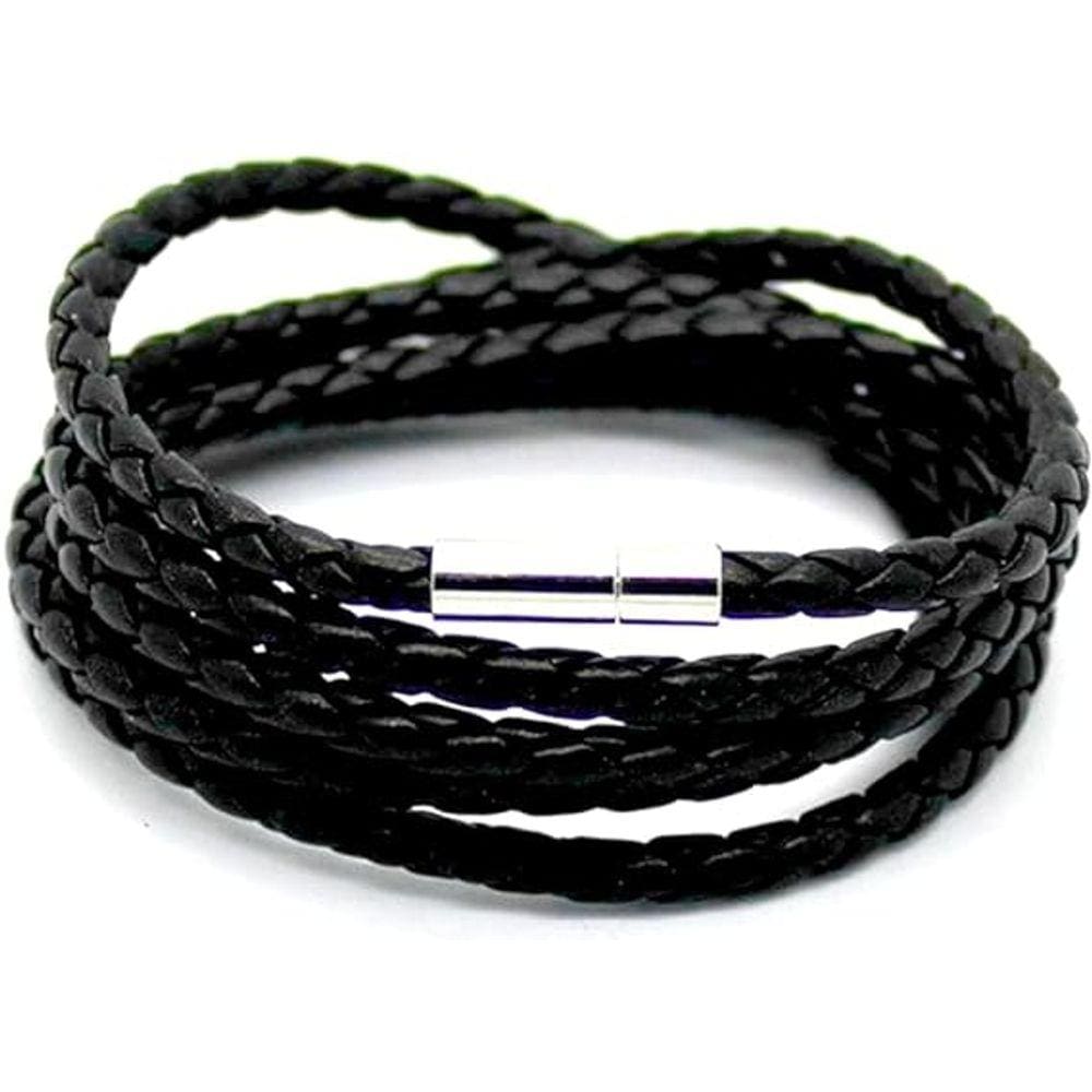 Pulseira masculina Couro Fecho trançada 5 voltas Aço Inox