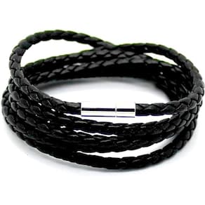 Pulseira masculina Couro Fecho trançada 5 voltas Aço Inox