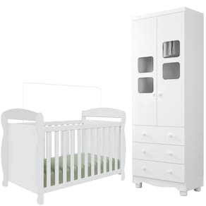 Quarto de Bebê Completo Berço Americano Marquesa 3 Em 1 Guarda Roupa Uli 2 Portas 3 Gavetas Branco Carvalho 100% MDF Móveis Peroba
