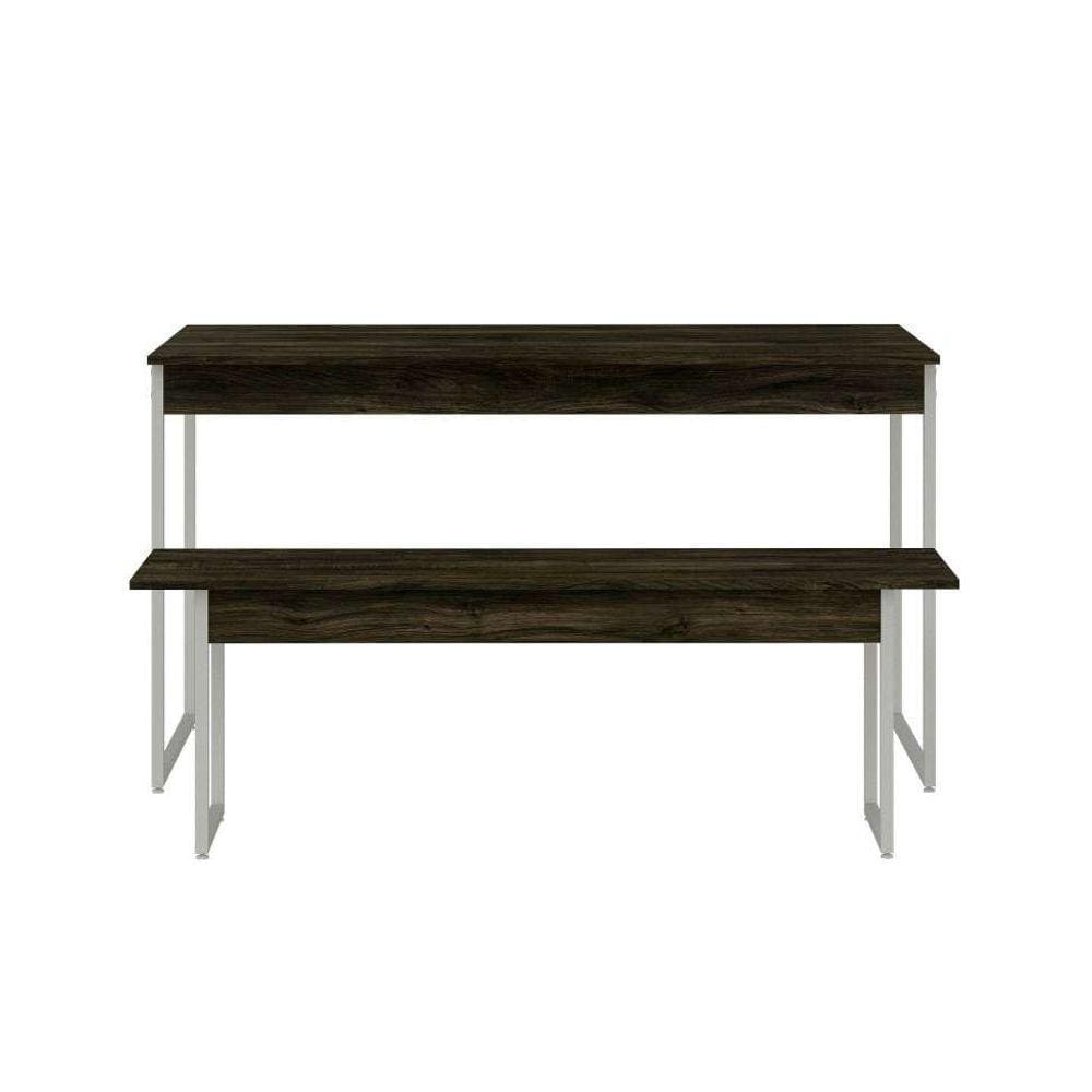 conjunto de mesa de jantar retangular com 1 banco studio carvalho dark e branco